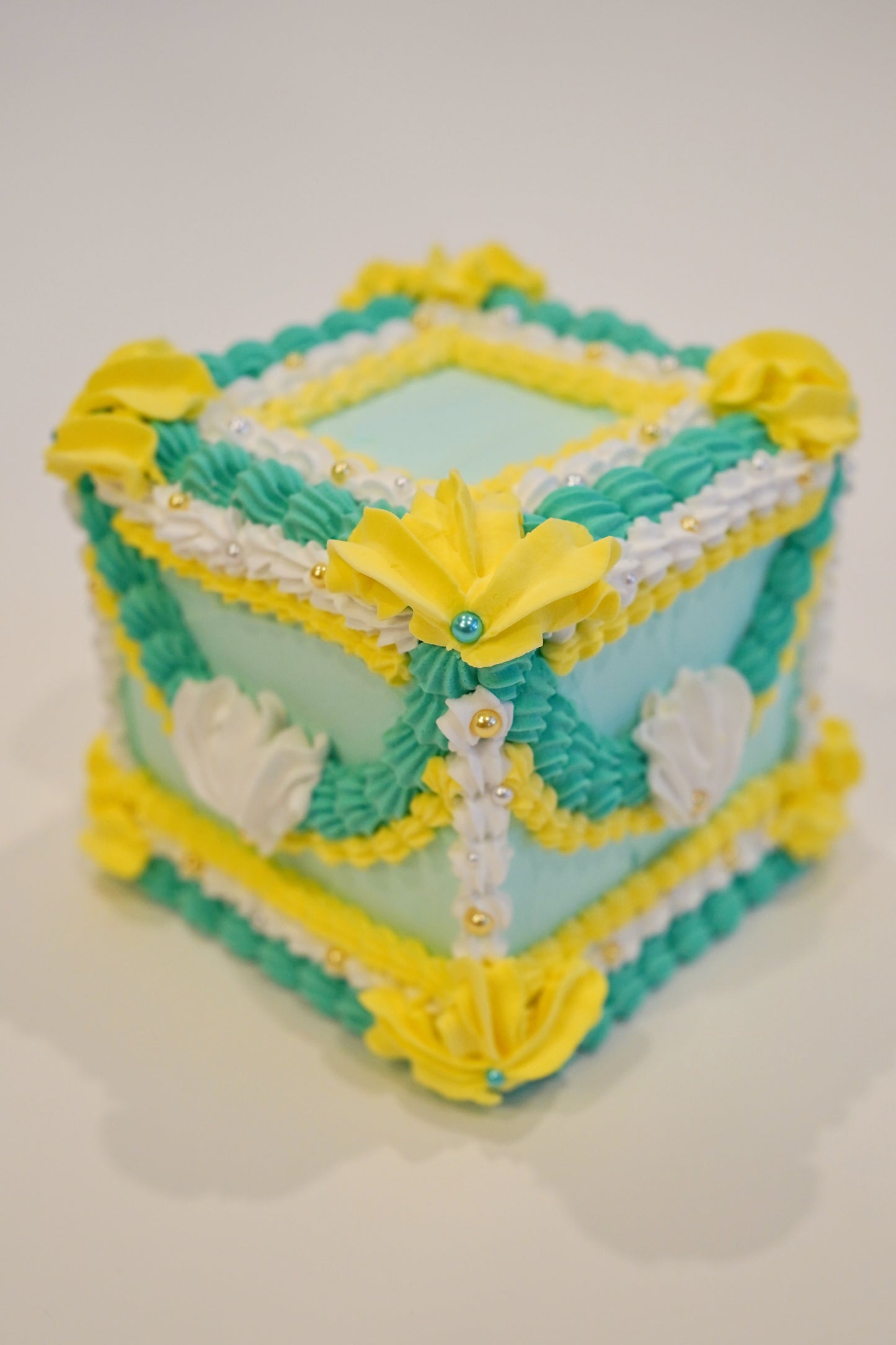 Vintage Yellow and Aqua Small Square Cake