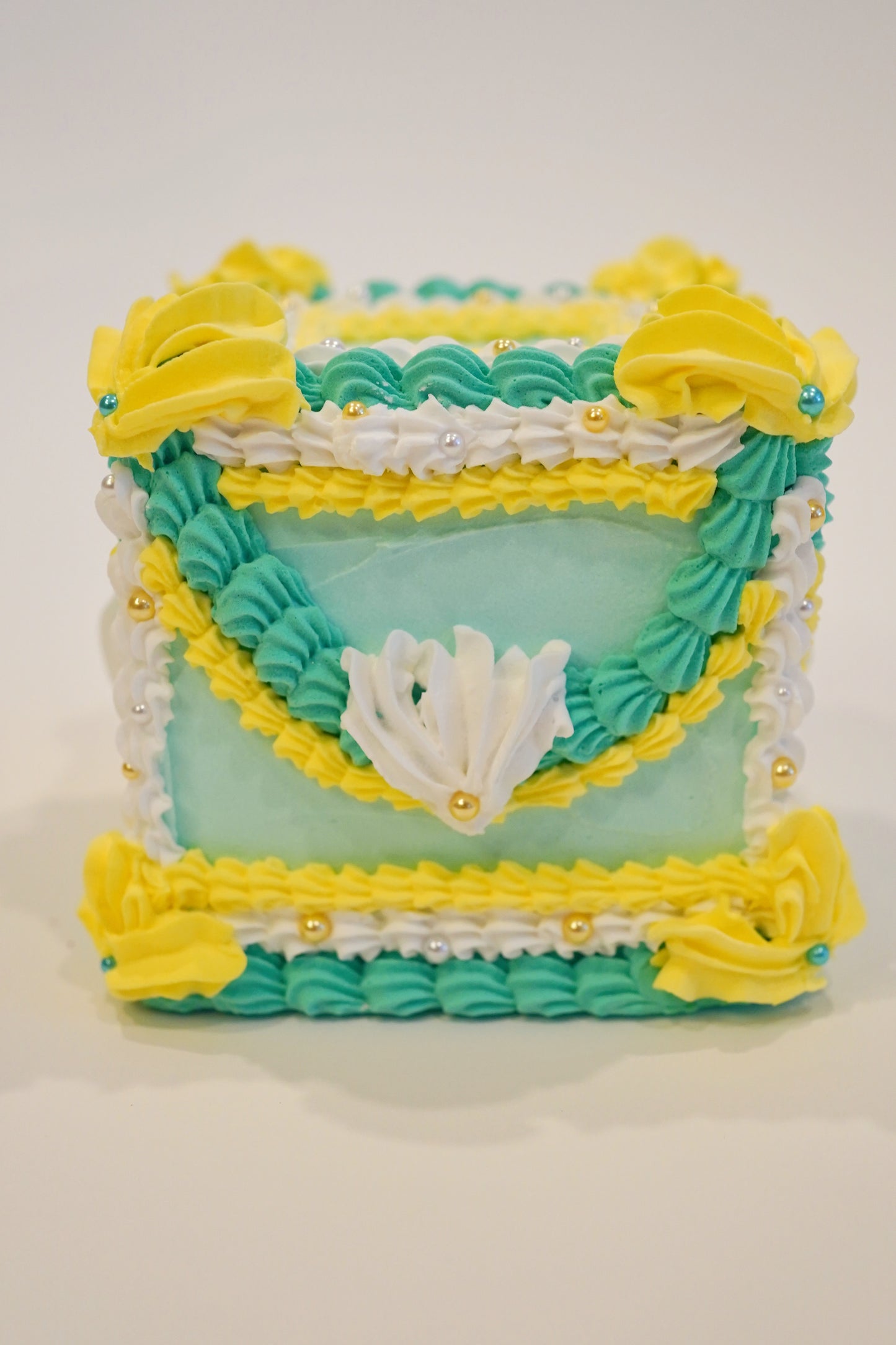 Vintage Yellow and Aqua Small Square Cake