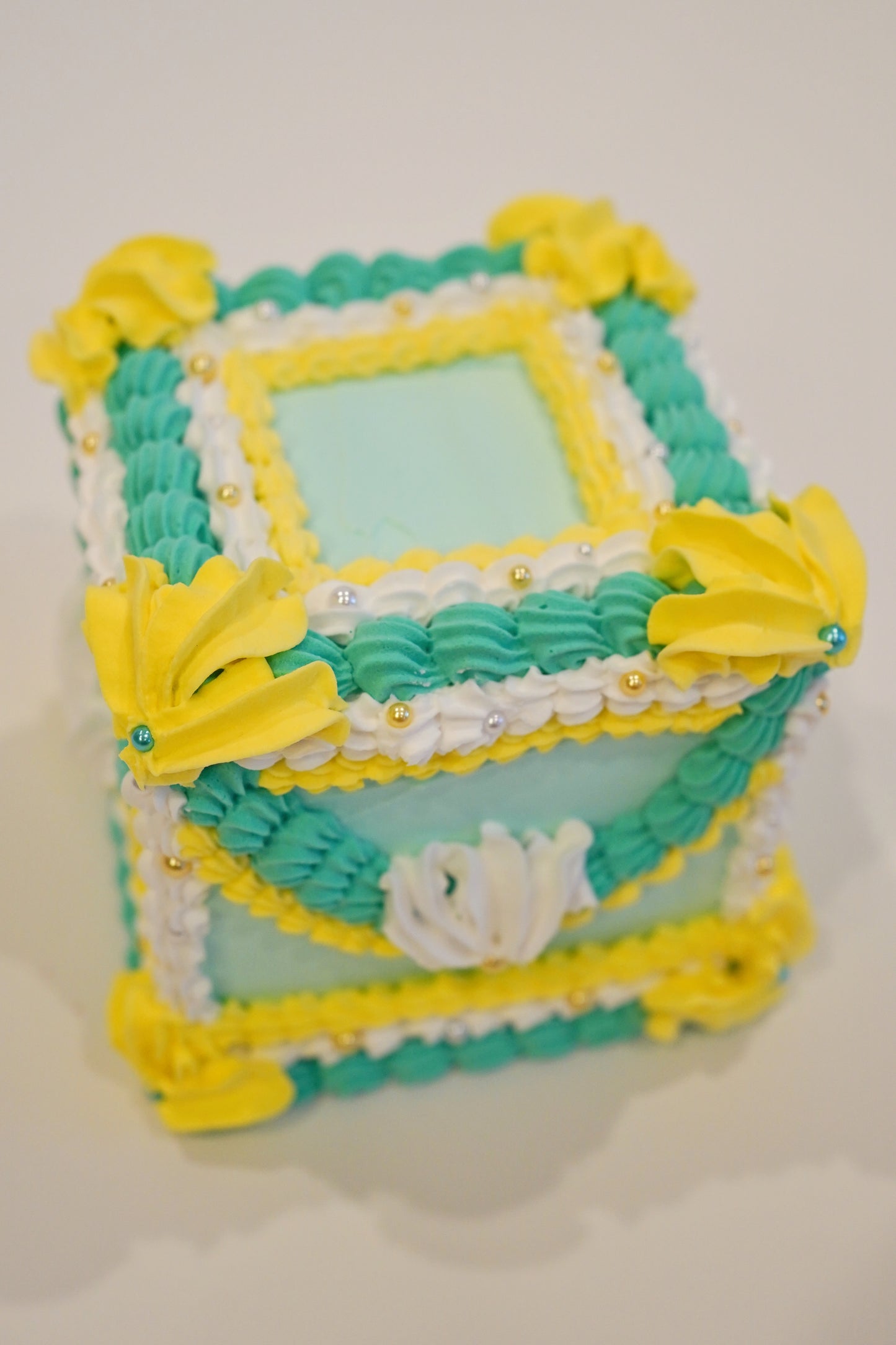 Vintage Yellow and Aqua Small Square Cake