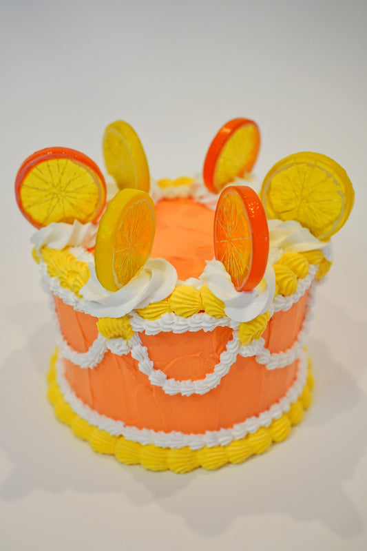 Vintage Medium Citrus Cake in Orange, Yellow and White with Fruit on Top