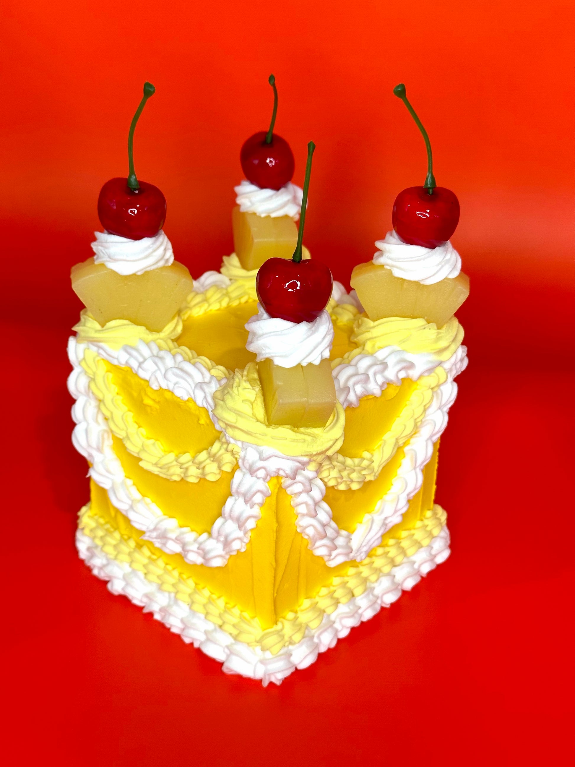 Vintage Yellow Square Cake with Pineapples and Cherries