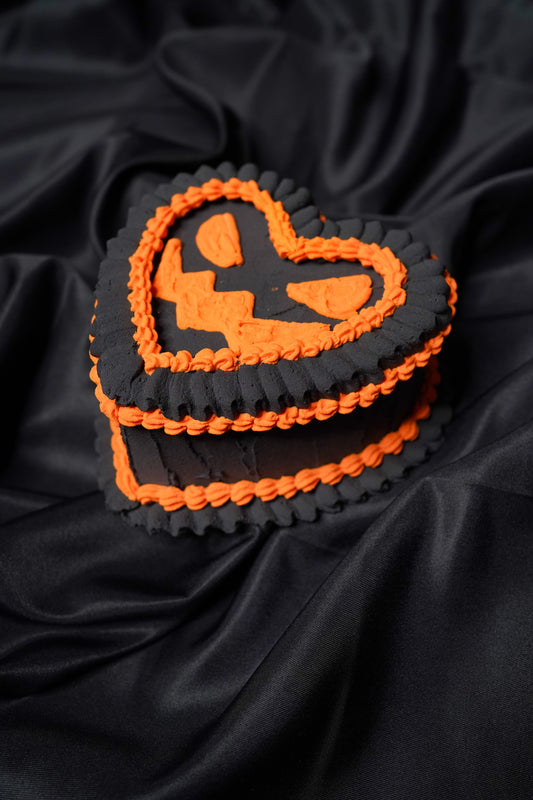 Small Black Heart Shaped Jack O Lantern Fake Cake