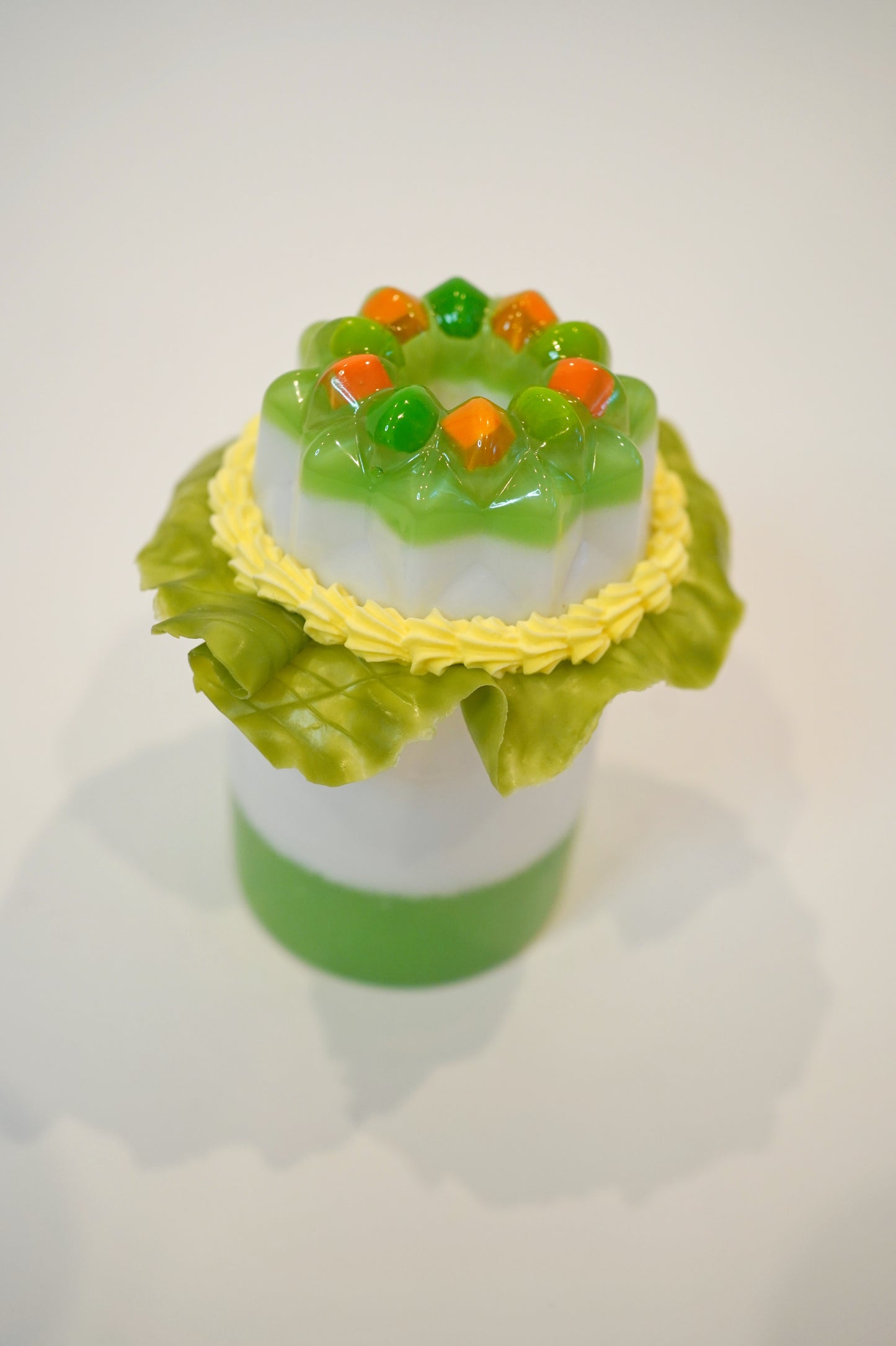 Vintage Savory Jello Jar with Peas and Carrots in Green and White on Plastic Lettuce