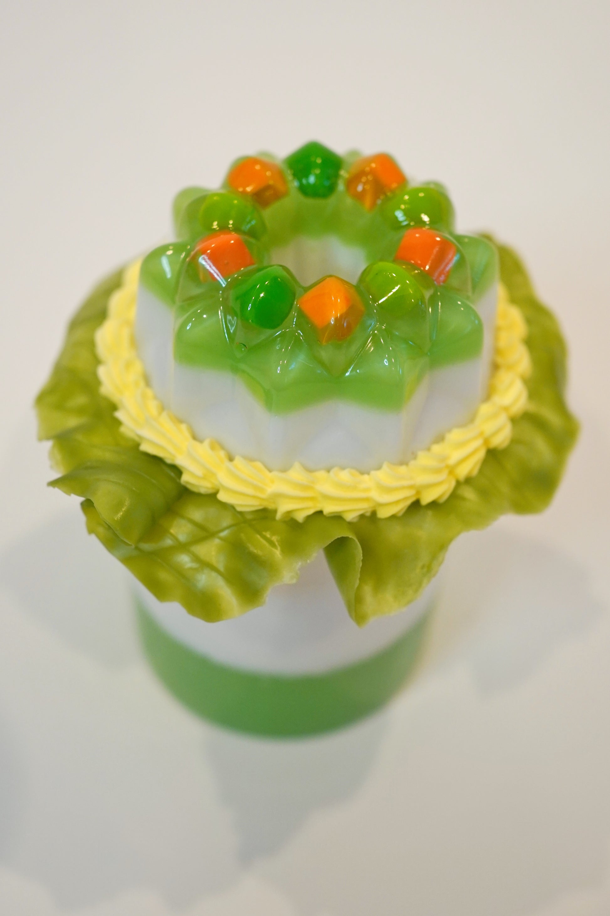 Vintage Savory Jello Jar with Peas and Carrots in Green and White on Plastic Lettuce