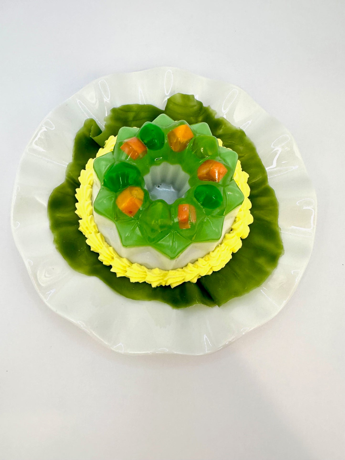 Small Peas and Carrots Jello in Vintage Plate and plastic lettuce