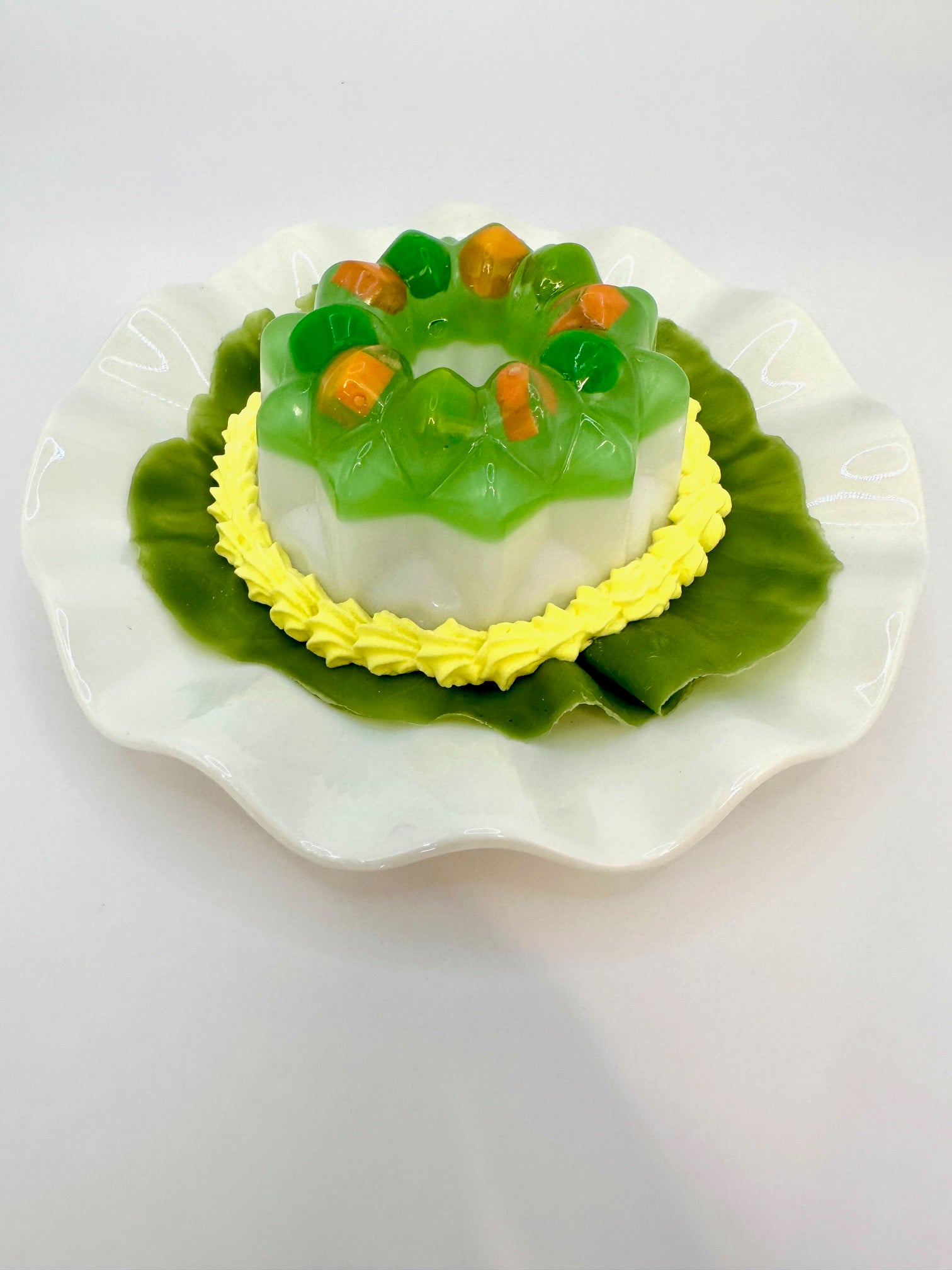 Small Peas and Carrots Jello in Vintage Plate and plastic lettuce