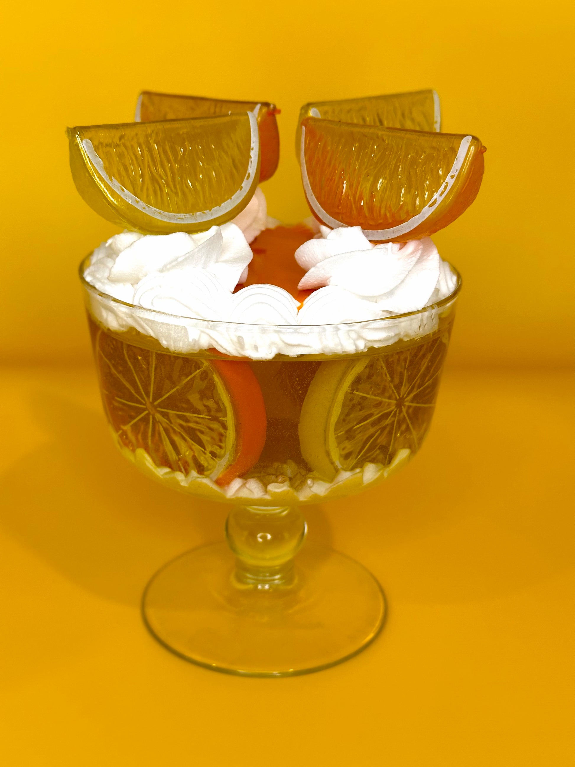 Lemon and Orange Jello in Glass Fruit on Top with Whip Cream and in a Vintage Glass Dish