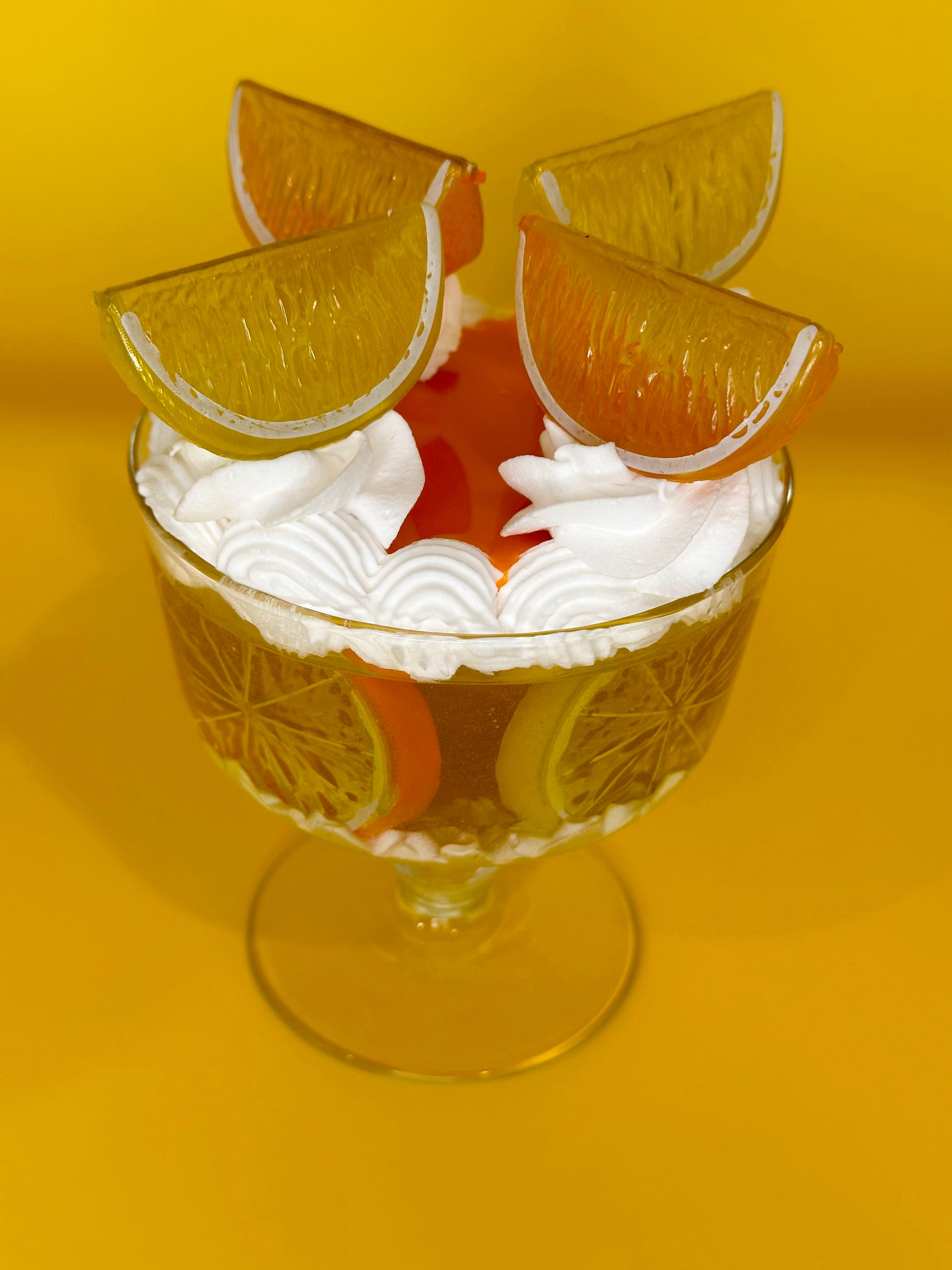 Lemon and Orange Jello in Glass Fruit on Top with Whip Cream and in a Vintage Glass Dish