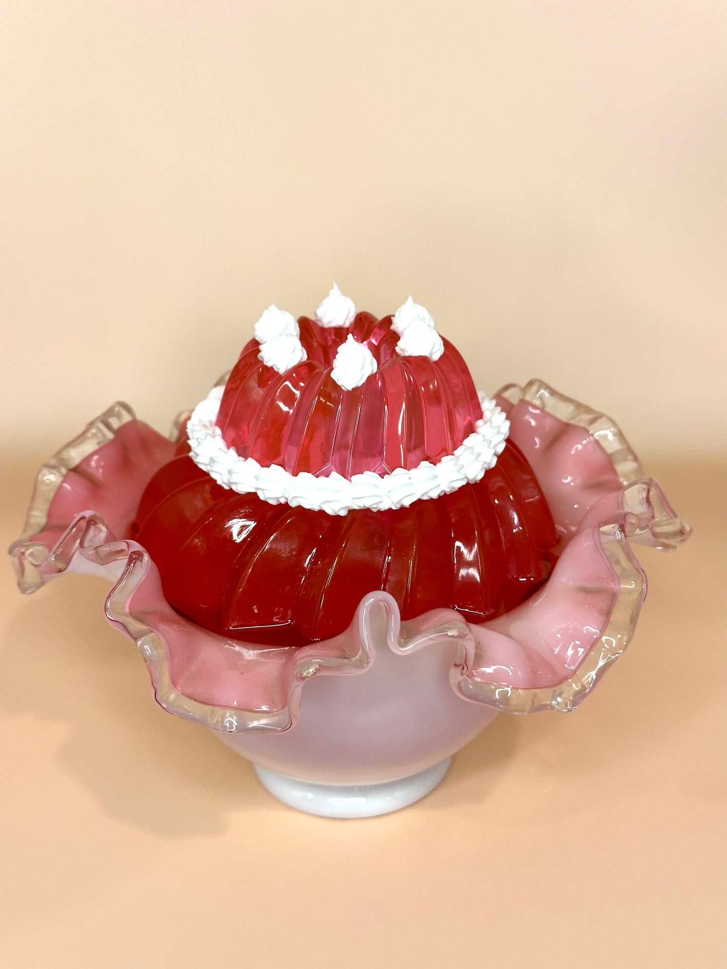 Vintage Pink Frilly Glass Dish with Red Jello Mold and Whip Cream