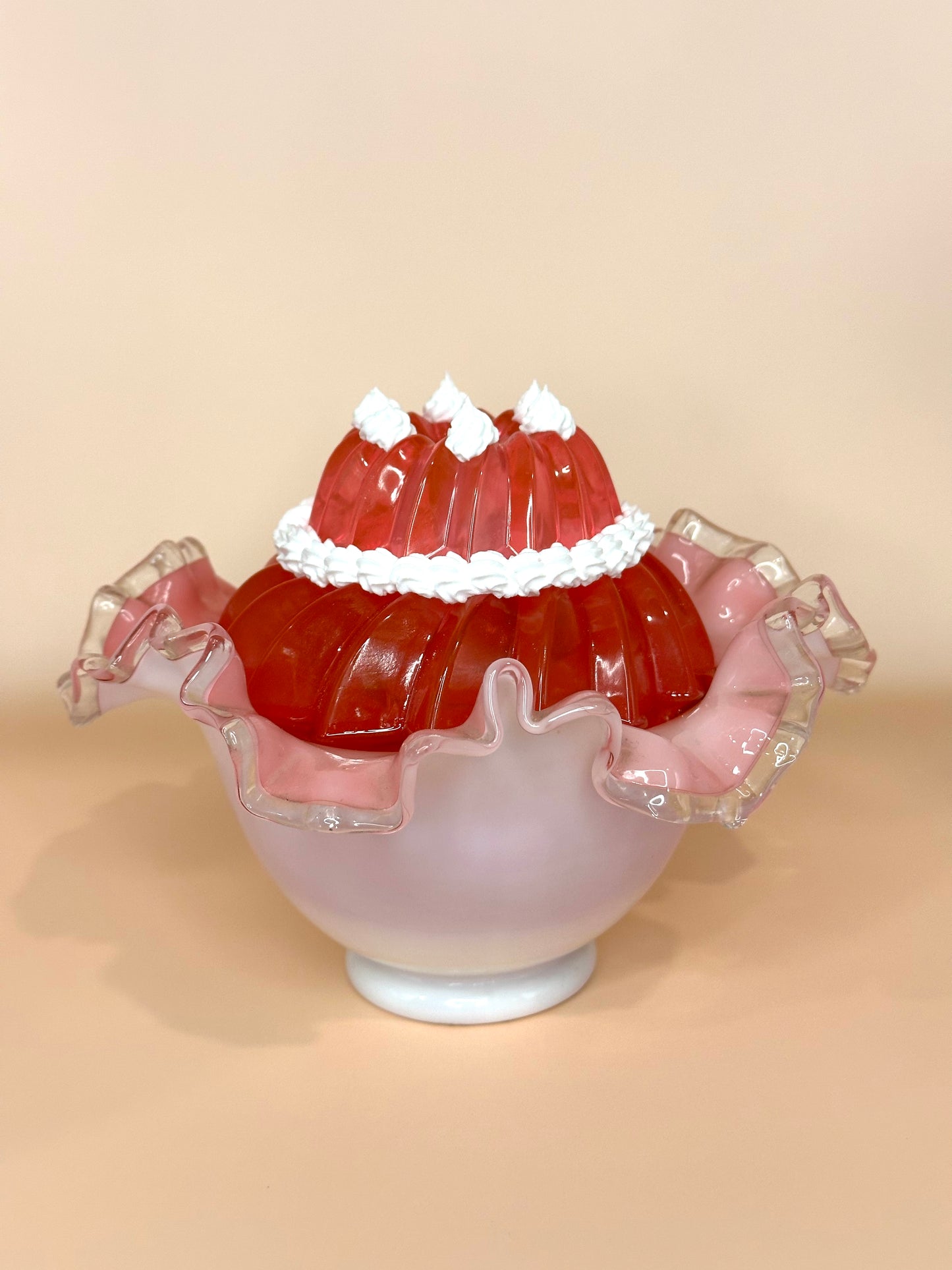 Vintage Pink Frilly Glass Dish with Red Jello Mold and Whip Cream